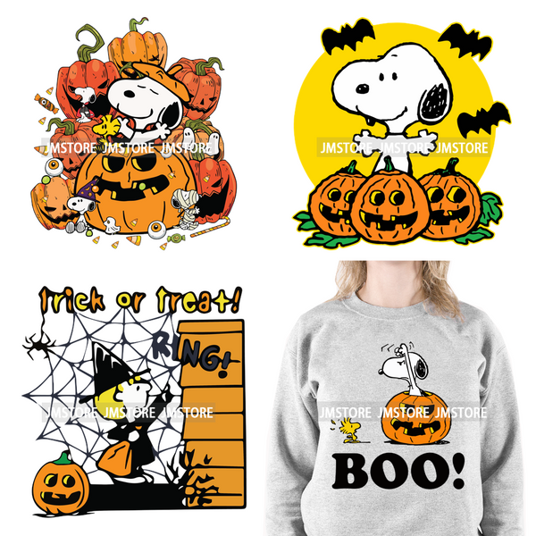 Cartoon Trick Or Treat Animal Boo Dog Friends Pumpkin Halloween  Decals Iron On DTF Transfer Sticker Ready To Press For Hoodies