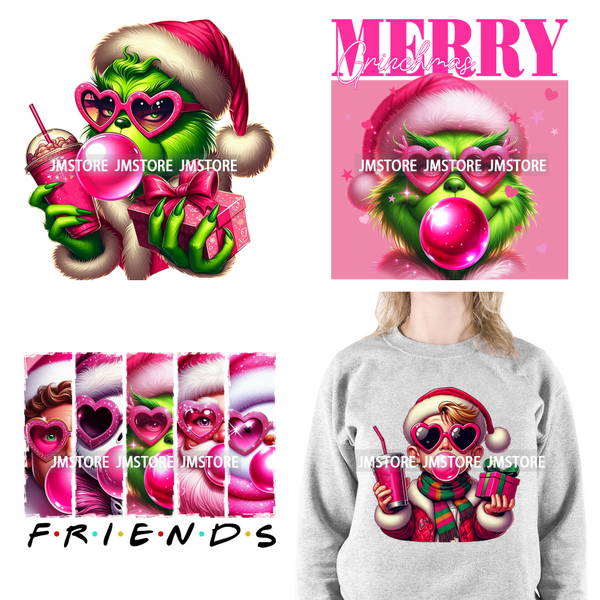 Pink Pop Christmas Character With Sunglasses Blowing Bubble Coffee Gift Iron On DTF Transfer Stickers Ready To Press For Hoodies