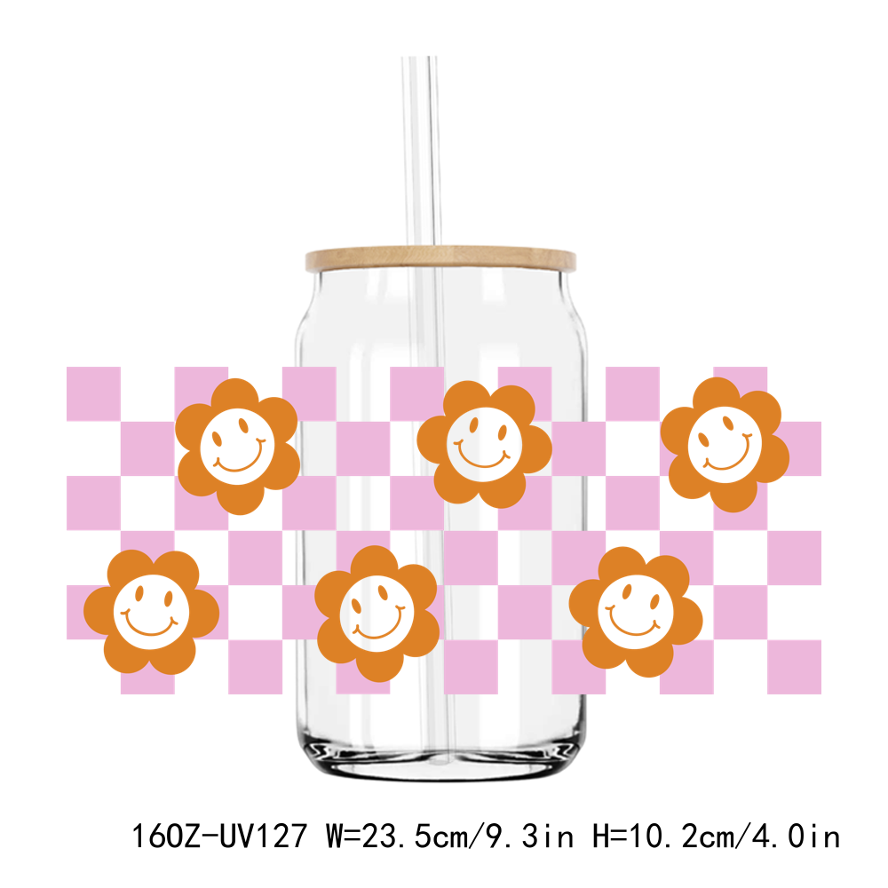 Retro Smile Face Flowers 16OZ UV DTF Stickers Wrap