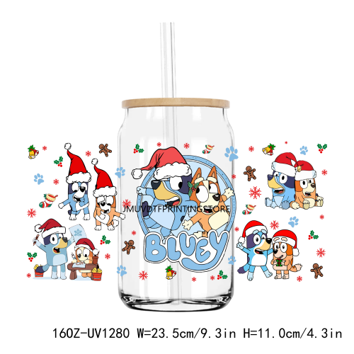 Christmas Bluey Party 16OZ UV DTF Cup Wrap Transfers Stickers Custom Labels DIY Durable Waterproof Logo For Libbey Glass Can