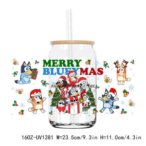 Christmas Bluey Party 16OZ UV DTF Cup Wrap Transfers Stickers Custom Labels DIY Durable Waterproof Logo For Libbey Glass Can