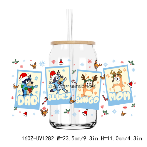 Christmas Bluey Party 16OZ UV DTF Cup Wrap Transfers Stickers Custom Labels DIY Durable Waterproof Logo For Libbey Glass Can