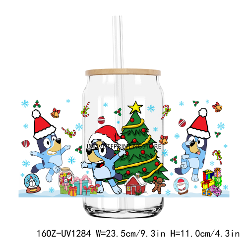 Christmas Bluey Party 16OZ UV DTF Cup Wrap Transfers Stickers Custom Labels DIY Durable Waterproof Logo For Libbey Glass Can