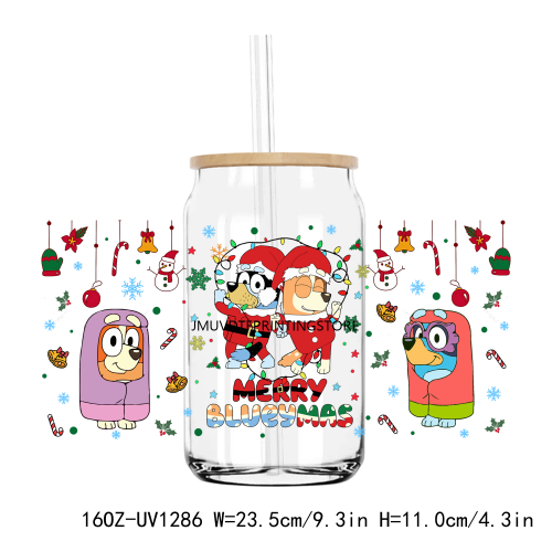 Christmas Bluey Party 16OZ UV DTF Cup Wrap Transfers Stickers Custom Labels DIY Durable Waterproof Logo For Libbey Glass Can