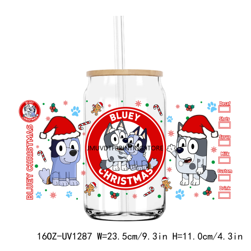 Christmas Bluey Party 16OZ UV DTF Cup Wrap Transfers Stickers Custom Labels DIY Durable Waterproof Logo For Libbey Glass Can