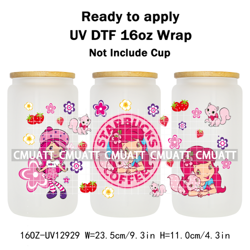 Strawberry Girl UV DTF Cup Wrap Transfers Stickers For 16oz Libbey Glass Mugs Bottle Plate Cover DIY Custom