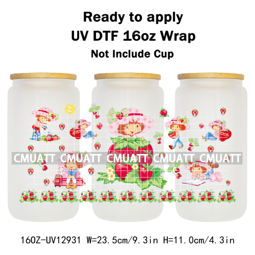 Strawberry Girl UV DTF Cup Wrap Transfers Stickers For 16oz Libbey Glass Mugs Bottle Plate Cover DIY Custom