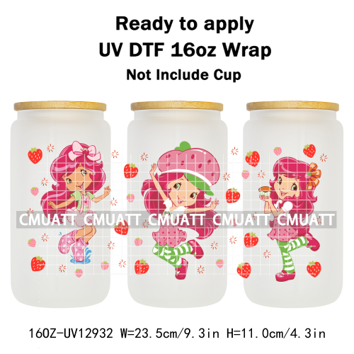 Strawberry Girl UV DTF Cup Wrap Transfers Stickers For 16oz Libbey Glass Mugs Bottle Plate Cover DIY Custom