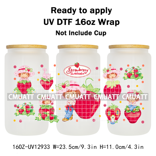 Strawberry Girl UV DTF Cup Wrap Transfers Stickers For 16oz Libbey Glass Mugs Bottle Plate Cover DIY Custom
