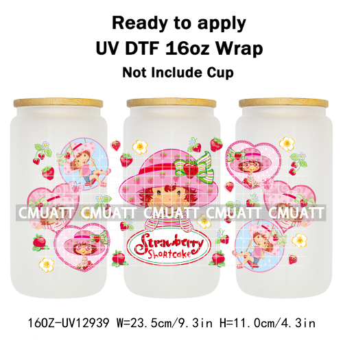 Strawberry Girl UV DTF Cup Wrap Transfers Stickers For 16oz Libbey Glass Mugs Bottle Plate Cover DIY Custom
