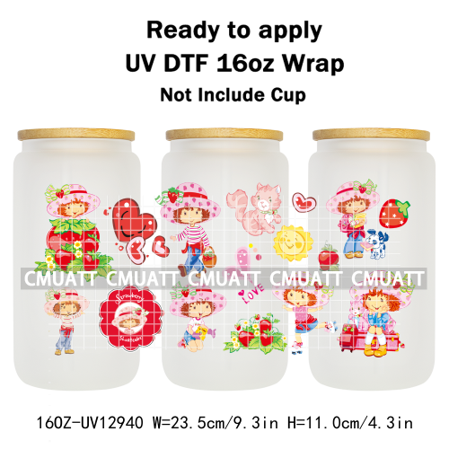 Strawberry Girl UV DTF Cup Wrap Transfers Stickers For 16oz Libbey Glass Mugs Bottle Plate Cover DIY Custom