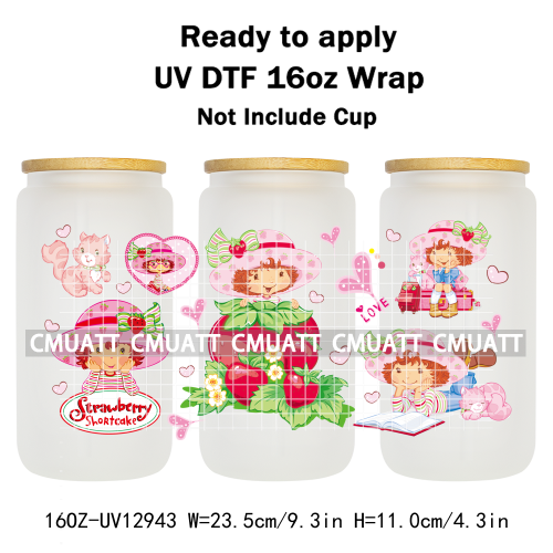 Strawberry Girl UV DTF Cup Wrap Transfers Stickers For 16oz Libbey Glass Mugs Bottle Plate Cover DIY Custom