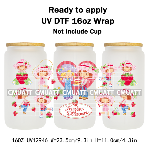 Strawberry Girl UV DTF Cup Wrap Transfers Stickers For 16oz Libbey Glass Mugs Bottle Plate Cover DIY Custom