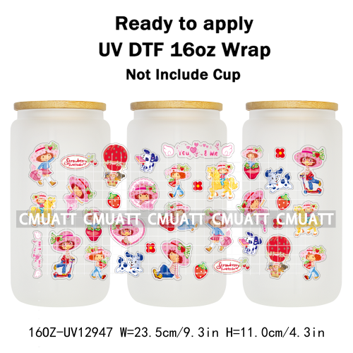 Strawberry Girl UV DTF Cup Wrap Transfers Stickers For 16oz Libbey Glass Mugs Bottle Plate Cover DIY Custom