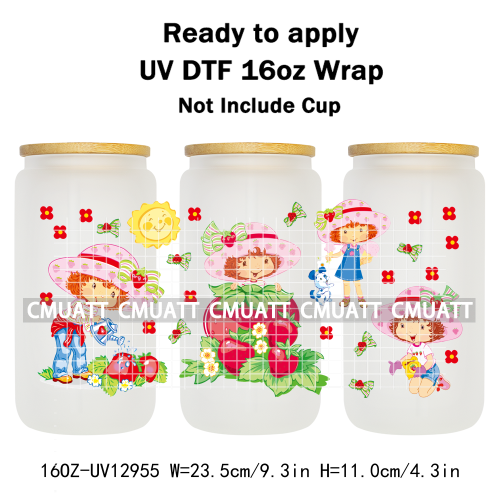Strawberry Girl UV DTF Cup Wrap Transfers Stickers For 16oz Libbey Glass Mugs Bottle Plate Cover DIY Custom