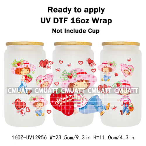Strawberry Girl UV DTF Cup Wrap Transfers Stickers For 16oz Libbey Glass Mugs Bottle Plate Cover DIY Custom