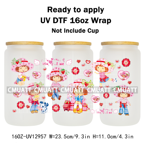 Strawberry Girl UV DTF Cup Wrap Transfers Stickers For 16oz Libbey Glass Mugs Bottle Plate Cover DIY Custom