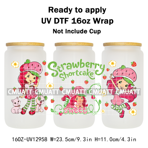 Strawberry Girl UV DTF Cup Wrap Transfers Stickers For 16oz Libbey Glass Mugs Bottle Plate Cover DIY Custom