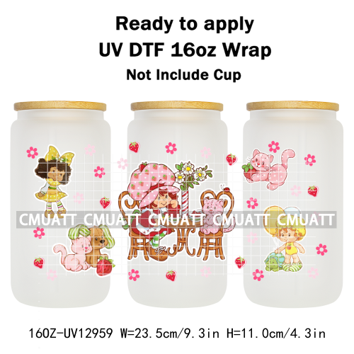 Strawberry Girl UV DTF Cup Wrap Transfers Stickers For 16oz Libbey Glass Mugs Bottle Plate Cover DIY Custom