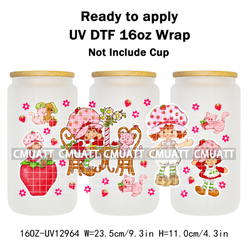 Strawberry Girl UV DTF Cup Wrap Transfers Stickers For 16oz Libbey Glass Mugs Bottle Plate Cover DIY Custom