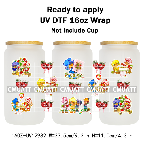 Strawberry Girl UV DTF Cup Wrap Transfers Stickers For 16oz Libbey Glass Mugs Bottle Plate Cover DIY Custom