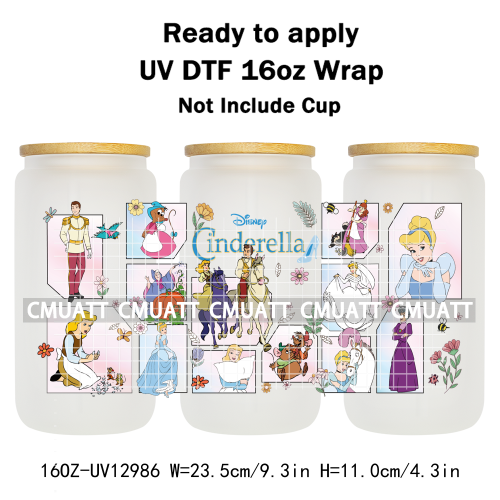 Princess Cartoon 16oz UV DTF Cup Wrap Cartoon Libbey Glass Beer Can Tumbler Stickers Waterproof  Adhesive