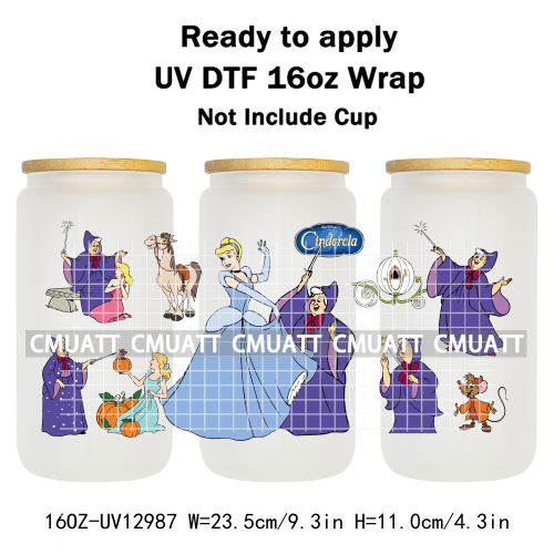 Princess Cartoon 16oz UV DTF Cup Wrap Cartoon Libbey Glass Beer Can Tumbler Stickers Waterproof  Adhesive