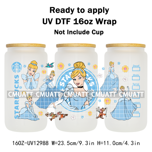 Princess Cartoon 16oz UV DTF Cup Wrap Cartoon Libbey Glass Beer Can Tumbler Stickers Waterproof  Adhesive