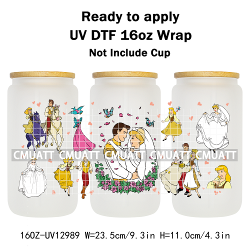 Princess Cartoon 16oz UV DTF Cup Wrap Cartoon Libbey Glass Beer Can Tumbler Stickers Waterproof  Adhesive