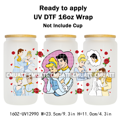 Princess Cartoon 16oz UV DTF Cup Wrap Cartoon Libbey Glass Beer Can Tumbler Stickers Waterproof  Adhesive