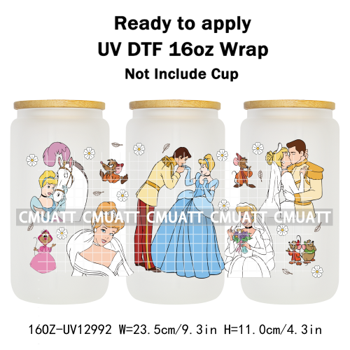 Princess Cartoon 16oz UV DTF Cup Wrap Cartoon Libbey Glass Beer Can Tumbler Stickers Waterproof  Adhesive