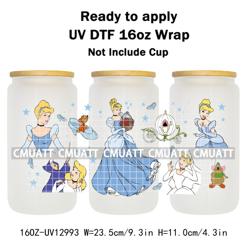 Princess Cartoon 16oz UV DTF Cup Wrap Cartoon Libbey Glass Beer Can Tumbler Stickers Waterproof  Adhesive