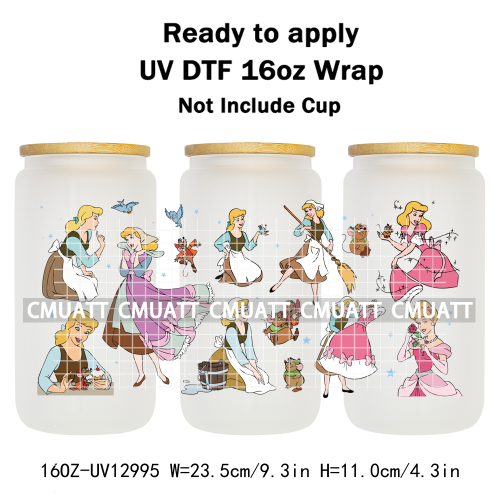 Princess Cartoon 16oz UV DTF Cup Wrap Cartoon Libbey Glass Beer Can Tumbler Stickers Waterproof  Adhesive