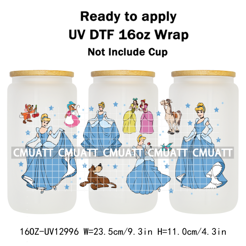 Princess Cartoon 16oz UV DTF Cup Wrap Cartoon Libbey Glass Beer Can Tumbler Stickers Waterproof  Adhesive