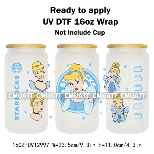 Princess Cartoon 16oz UV DTF Cup Wrap Cartoon Libbey Glass Beer Can Tumbler Stickers Waterproof  Adhesive