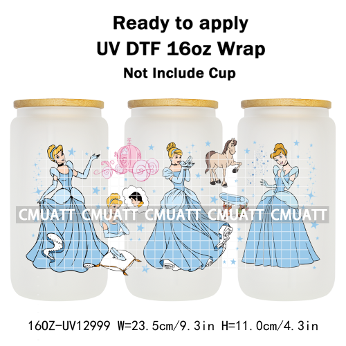 Princess Cartoon 16oz UV DTF Cup Wrap Cartoon Libbey Glass Beer Can Tumbler Stickers Waterproof  Adhesive