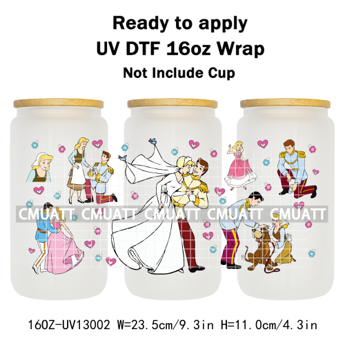 Princess Cartoon 16oz UV DTF Cup Wrap Cartoon Libbey Glass Beer Can Tumbler Stickers Waterproof  Adhesive