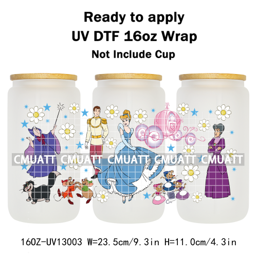 Princess Cartoon 16oz UV DTF Cup Wrap Cartoon Libbey Glass Beer Can Tumbler Stickers Waterproof  Adhesive