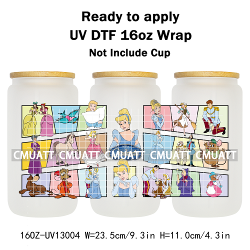 Princess Cartoon 16oz UV DTF Cup Wrap Cartoon Libbey Glass Beer Can Tumbler Stickers Waterproof  Adhesive
