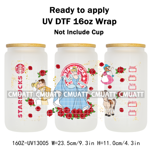 Princess Cartoon 16oz UV DTF Cup Wrap Cartoon Libbey Glass Beer Can Tumbler Stickers Waterproof  Adhesive