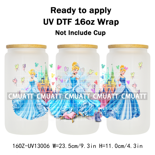 Princess Cartoon 16oz UV DTF Cup Wrap Cartoon Libbey Glass Beer Can Tumbler Stickers Waterproof  Adhesive