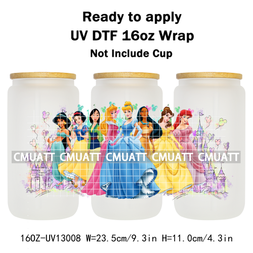 Princess Cartoon 16oz UV DTF Cup Wrap Cartoon Libbey Glass Beer Can Tumbler Stickers Waterproof  Adhesive