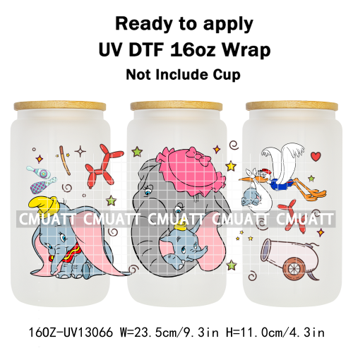 Elephant Cartoon 16oz UV DTF Cup Wrap Customizable Durable Waterproof Cups Selfadhesive Stickers Home Use