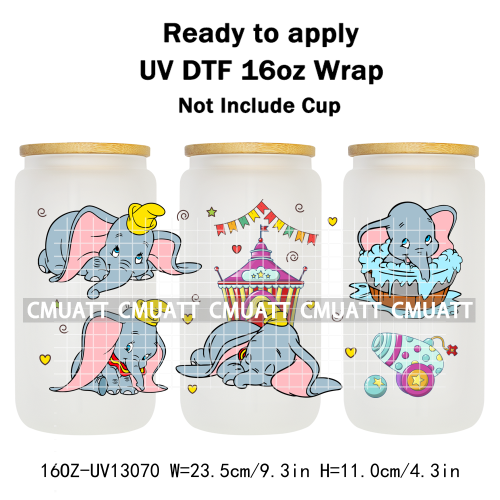 Elephant Cartoon 16oz UV DTF Cup Wrap Customizable Durable Waterproof Cups Selfadhesive Stickers Home Use