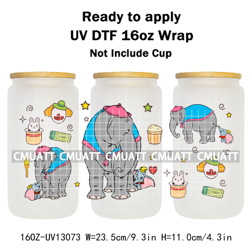 Elephant Cartoon 16oz UV DTF Cup Wrap Customizable Durable Waterproof Cups Selfadhesive Stickers Home Use