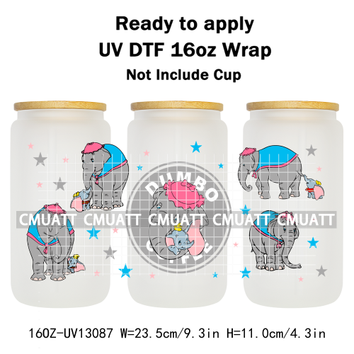 Elephant Cartoon 16oz UV DTF Cup Wrap Customizable Durable Waterproof Cups Selfadhesive Stickers Home Use