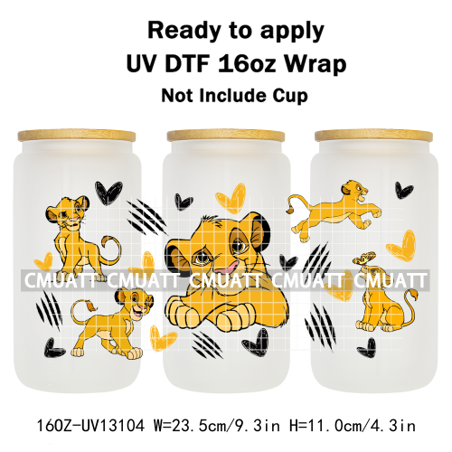 Cartoon Lion UV DTF Cup Wrap Transfer Stickers For 16oz Libbey Glass Beer Selfadhesive Waterproof Adhesive