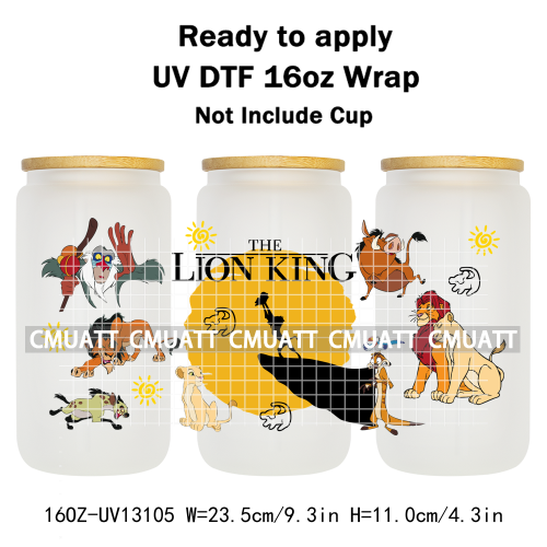 Cartoon Lion UV DTF Cup Wrap Transfer Stickers For 16oz Libbey Glass Beer Selfadhesive Waterproof Adhesive