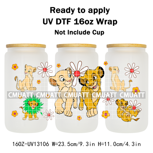 Cartoon Lion UV DTF Cup Wrap Transfer Stickers For 16oz Libbey Glass Beer Selfadhesive Waterproof Adhesive