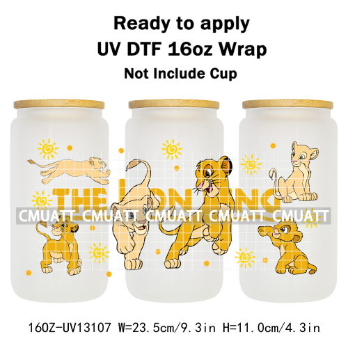 Cartoon Lion UV DTF Cup Wrap Transfer Stickers For 16oz Libbey Glass Beer Selfadhesive Waterproof Adhesive